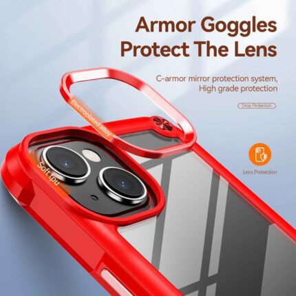 Red phone case with armor goggles protecting camera lenses.