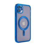 Blue MagSafe iPhone case with clear back and Apple logo.