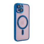 Blue-framed smartphone case with a circular magnetic design on the back.