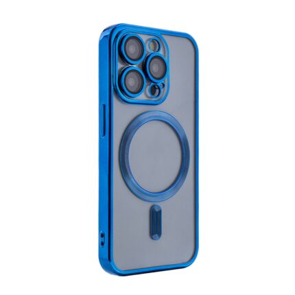 Blue smartphone case with magnetic ring and triple camera cutout.