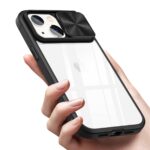Hand holding a black phone case with a sliding camera cover.