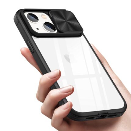 Hand holding a black phone case with a sliding camera cover.