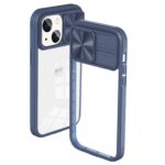 Transparent phone case with blue frame and magnetic camera cover.
