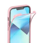 Pink smartphone case with a clear, flexible screen protector peeling off.