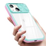 Hand holding a smartphone with a turquoise and pink protective case.