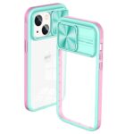 Transparent phone case with pink and teal edges and a sliding camera cover.