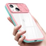 Hand holding a pink and mint green phone case with a sliding camera cover.
