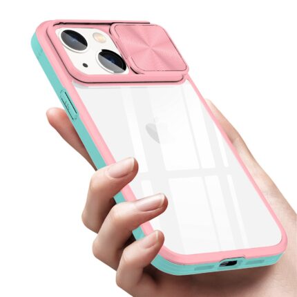 Hand holding a pink and mint green phone case with a sliding camera cover.