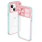 Transparent phone case with pink camera cover and blue edges.