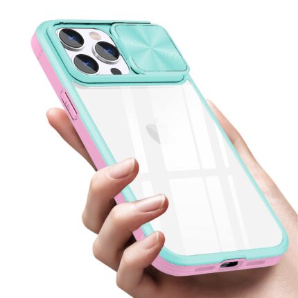 Hand holding a pastel-colored phone case with camera lens cover.