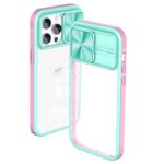 Transparent phone case with pink and teal edges and sliding camera cover.