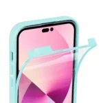 A transparent screen protector being applied to a smartphone with a blue case.