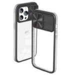 Clear phone case with sliding camera cover for protection.