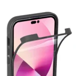 Close-up of a phone screen protector being applied.