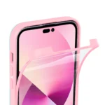 Pink phone case with a transparent screen protector.
