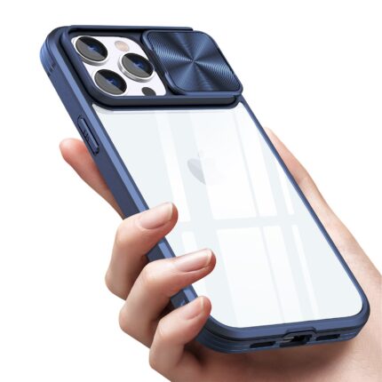 Hand holding a navy blue phone case with a sliding cover over the camera lenses.