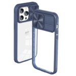 Transparent phone case with blue frame and sliding camera cover.