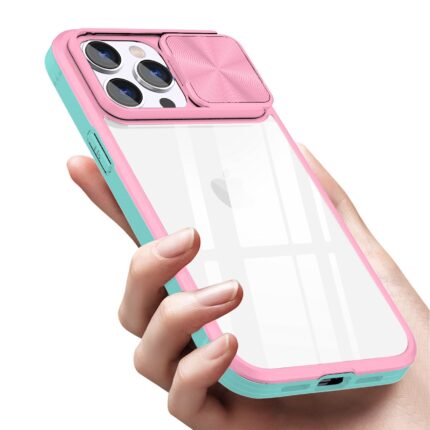 Hand holding a pink and teal phone case with a sliding camera cover.