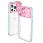 Clear phone case with pink and blue edges and a sliding camera cover.