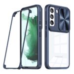 Three-piece blue phone case with magnetic back and clear front.