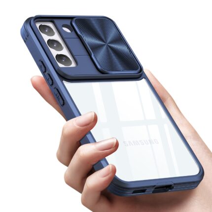 Hand holding a smartphone with a blue protective case featuring a sliding camera cover.