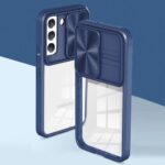 Two blue phone cases with quilted patterns and transparent backs.