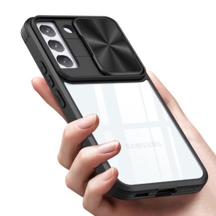 A smartphone case with an integrated camera lens protector and a mirror panel.