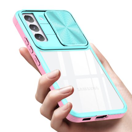 Hand holding a phone case with a sliding camera cover and card holder.