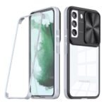 Transparent phone case with black camera protection and clear back.