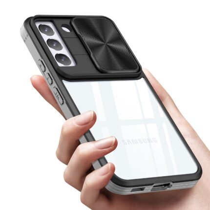 Smartphone case with built-in camera lens protection and magnifier.