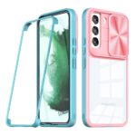 Transparent phone case with pink sliding camera cover and blue frame.