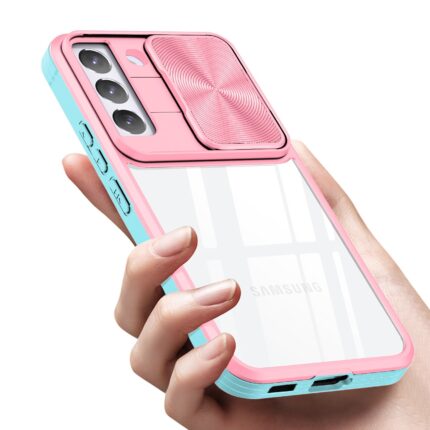 Hand holding a pink and blue smartphone with a sliding camera cover.