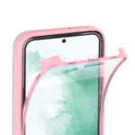 Smartphone with a pink protective screen cover lifting up.