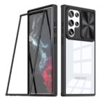Transparent protective case with black frame for a smartphone.