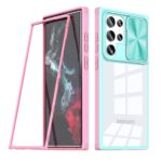 Two modern smartphones with colorful protective cases, one pink and one blue.