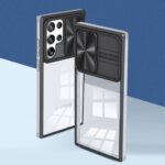 Modern foldable smartphone with multiple rear cameras and transparent screen sections.
