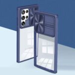 A stylish blue phone case with a foldable mirror and camera protection.