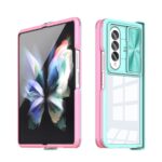 Two colorful smartphone cases designed for a foldable phone with camera protection.