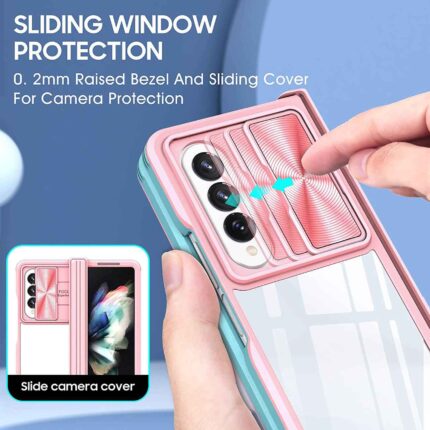 Sliding camera cover on a clear phone case for lens protection.