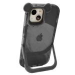 Black rugged protective case for iPhone with a built-in stand.