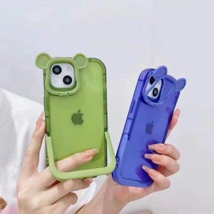 Two colorful phone cases held up, one green and one blue.