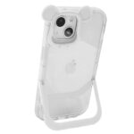 Transparent phone case with a built-in stand for an iPhone.