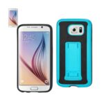 Samsung phone with blue protective case and screen protector.