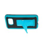 Blue and black wall-mounted phone holder with a hook.