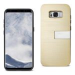 A smartphone with a scenic mountain wallpaper and a beige textured phone case.