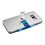 Silver phone case with a built-in stand and blue card slots.