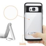 A smartphone case with a built-in finger holder stand for hands-free use.
