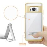 Transparent screen protector applied on a smartphone with a stand.