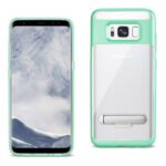 Smartphone with curved screen and mint green protective case.