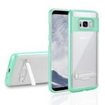 A mint green phone case with a built-in kickstand for a smartphone.
